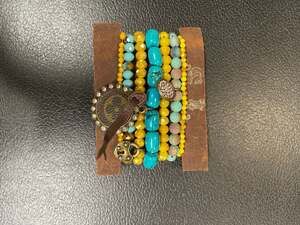 S&L Stackable Beaded Bracelet Set in Turquoise and Yellow with Crystal Charms
